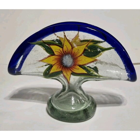 Vintage Glass Napkin Holder with Sunflower and Cobalt Blue Accent - Picture 1 of 3
